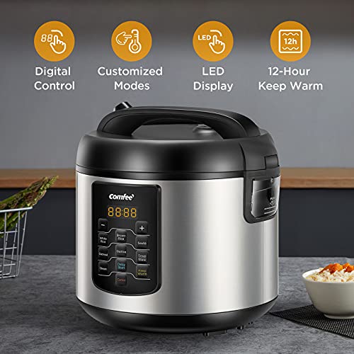 COMFEE' Compact Rice Cooker, 6-in-1 Stainless Steel Multi Cooker, Slow Cooker, Steamer, Saute, and Warmer, 2 QT, 8 Cups Cooked(4 Cups Uncooked), Brown Rice, Quinoa and Oatmeal, 6 One-Touch Programs