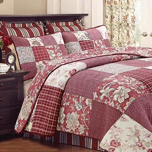 Cozy Line Home Fashions Burgundy Wine Red Floral Paisley Patchwork 100% Cotton Reversible Quilt Bedding Set, Coverlet, Bedspread (Cottage & Country, Queen - 3 Piece)