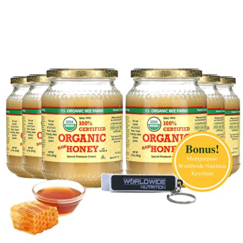 Y.S. Organic Bee Farms 100% Certified Y.S. Organic Raw Honey - Unpasteurized, Unfiltered, Pure Natural Honey - Gluten Free Organic Food Natural Sweetener - 1 Lb Honey Jar with Bonus Key Chain