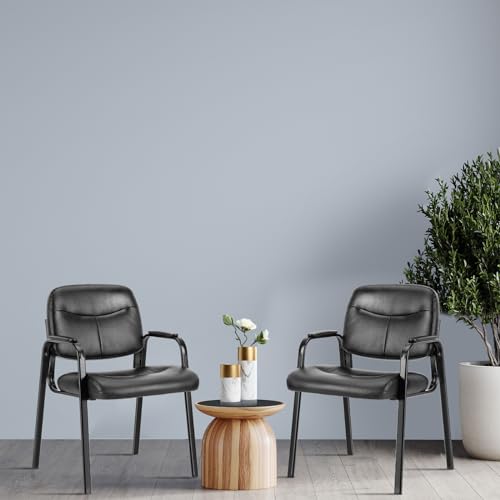 Office Guest Reception Chair for Waiting Conference Room Lobby with Lumbar Support and Padded Arms,No Wheels,PU Leather, 1Pack, Black