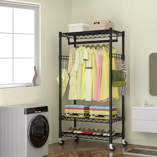 GIOTORENT G12 Heavy Duty Rolling Garment Rack, 3 Tier Metal Clothes Rack with Double Rods & Hooks, Freestanding Wardrobe Clothing Storage Rack, Portable Closet Organizer Rack, Load 450 LBS, Black