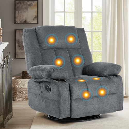Recliner Chair Massage Fabric Recliners with Heated, 360 Degree Swivel Single Sofa with Cup Holders and Side Pockets Rocking Chair for Living Room