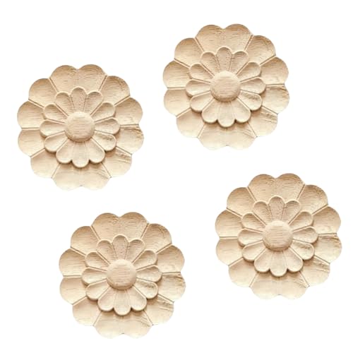 4Pcs Round Wood Appliques and Onlays for Furniture Wooden Carving Decal DIY Wood Appliques Onlays Decorative for Cabinet Bed Door Wall Wardrobe Furniture Decoration(18,8x8cm/3.15