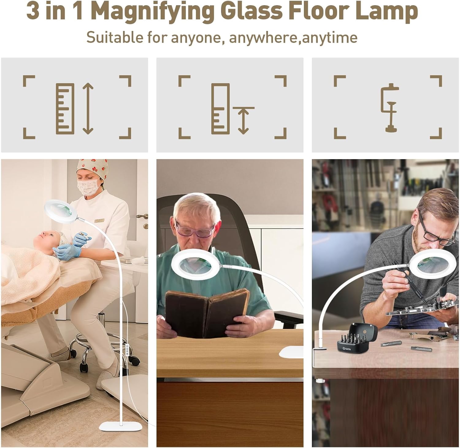 10X Magnifying Glass with Light and Stand, 3 in1 Flexible Gooseneck Magnifying Floor Lamp, 3 Color Modes Stepless Dimmable Hands Free Lighted Magnifier for Hobby Craft Esthetician Close Work