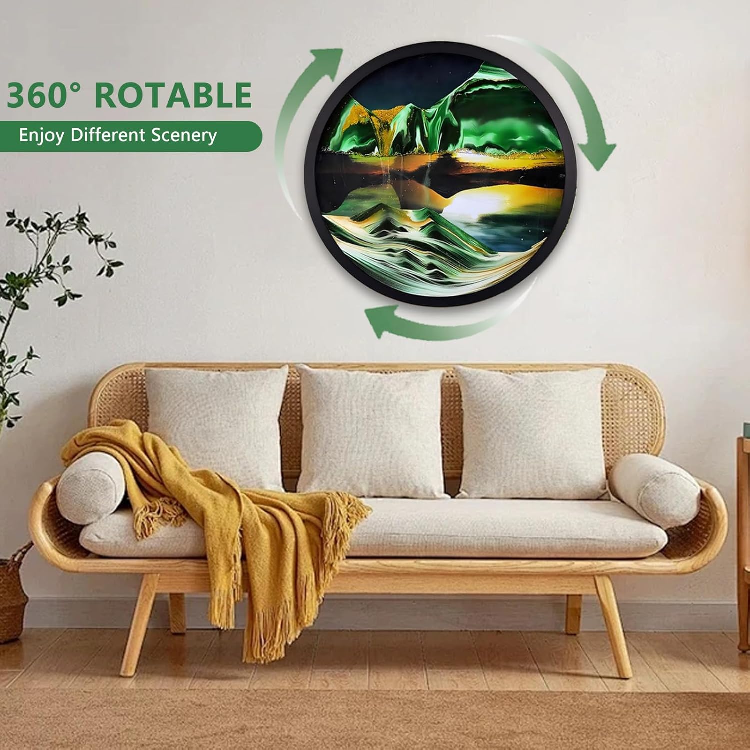 17.3'' Moving Sand Art, 3D Sand Art Liquid Motion Moving Wall Art Deep Sea Sandscape Living Room Decoration, 360° Rotate, Glass Crafts Solid Wood Frame, Relaxing Mood Home Office Work Decor (Green)