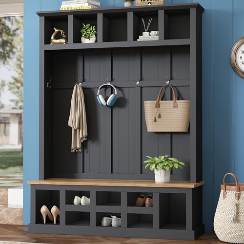 LUMISOL Wide Entryway Hall Tree with Storage Bench, 78''H Entryway Shoe Cabinet with Cube Storage, Hallway Coat Rack with 6 Hooks for Mudroom Living Room, Black
