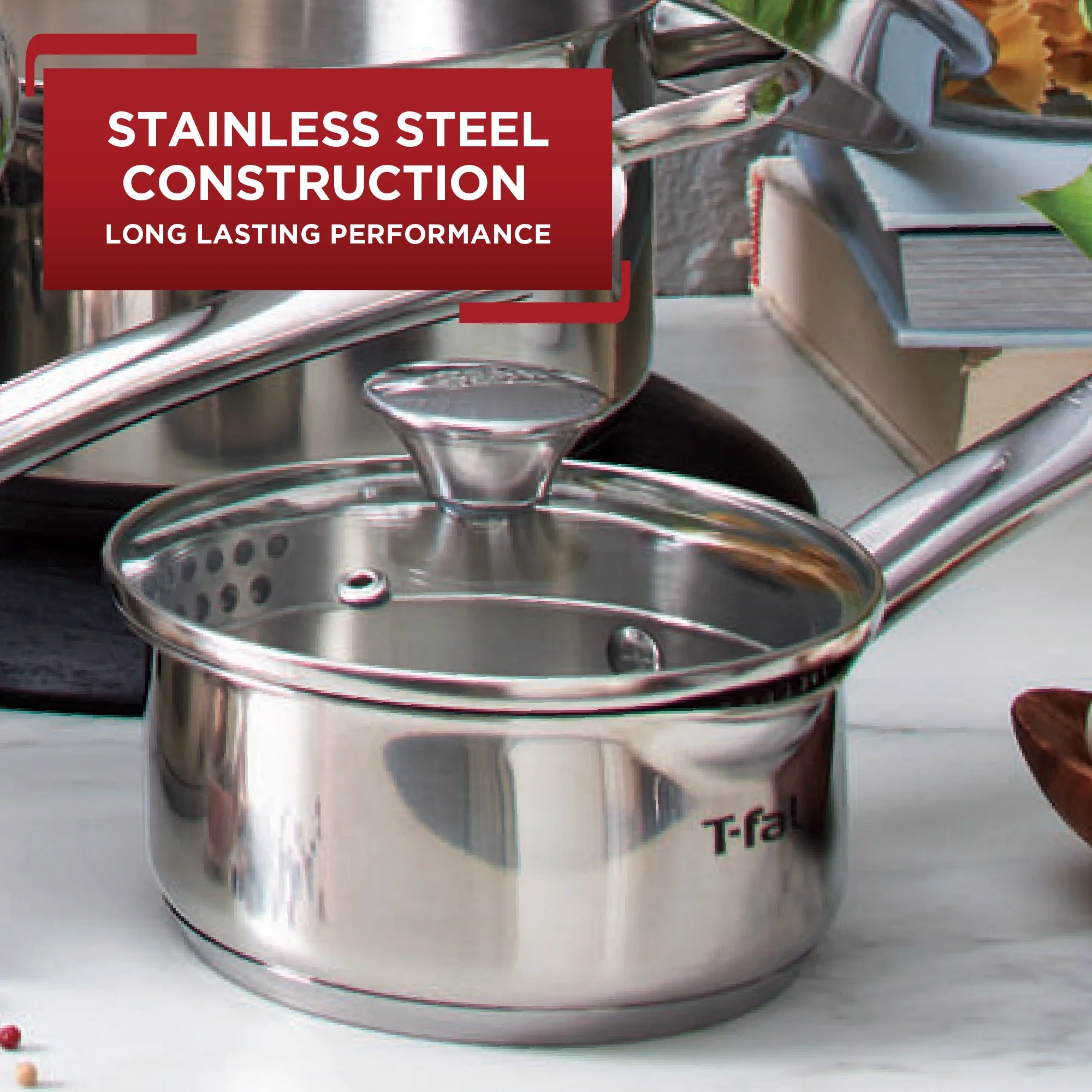 T-fal Cook & Strain Stainless Steel Cookware, Sauce Pan with lid, 3 quart