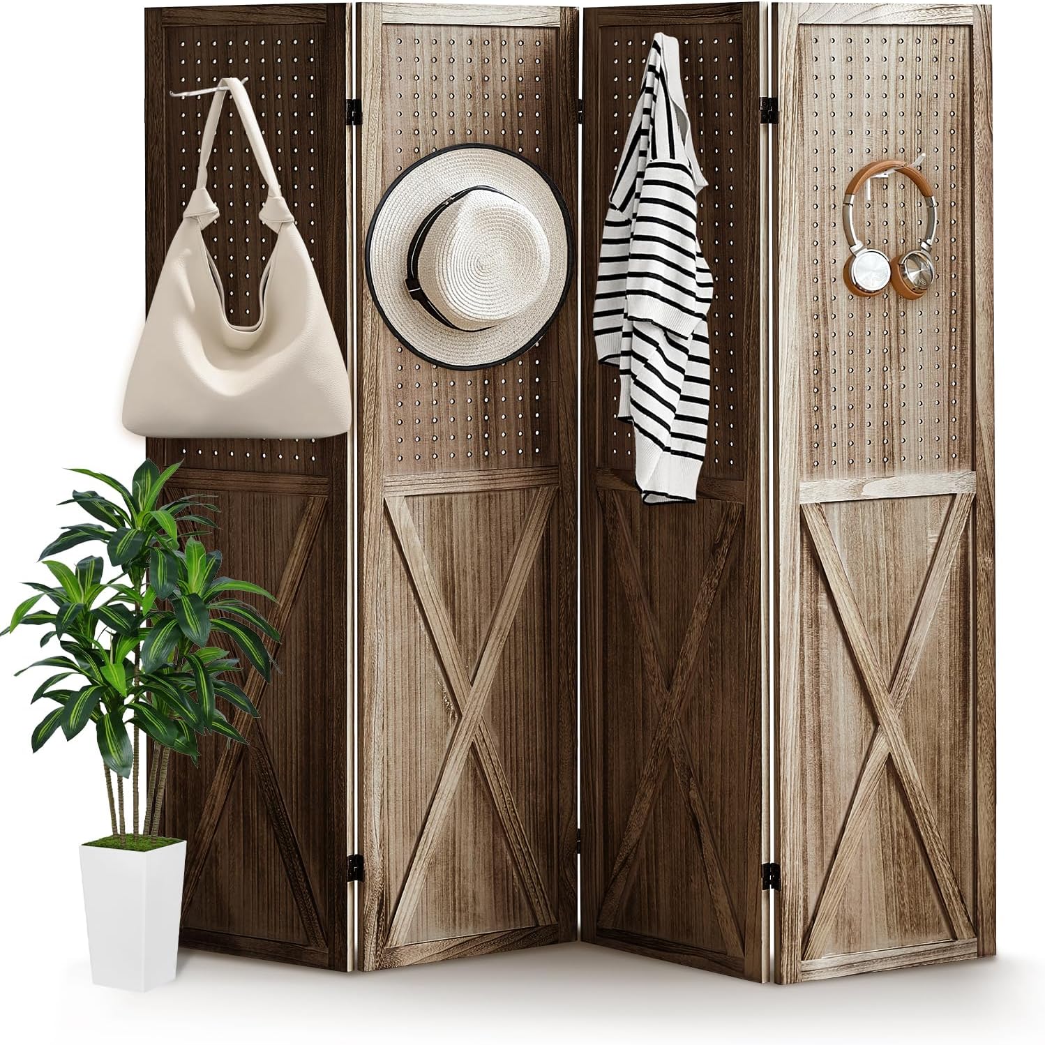 Pegboard Display Wood Room Divider 4 Panel, Folding Privacy Screens, Peg Board Room Divider, 5.6Ft Room Divider, Portable Pegboard Display Stand Organizer for Art, Jewelry, Craft Shows (Brown)