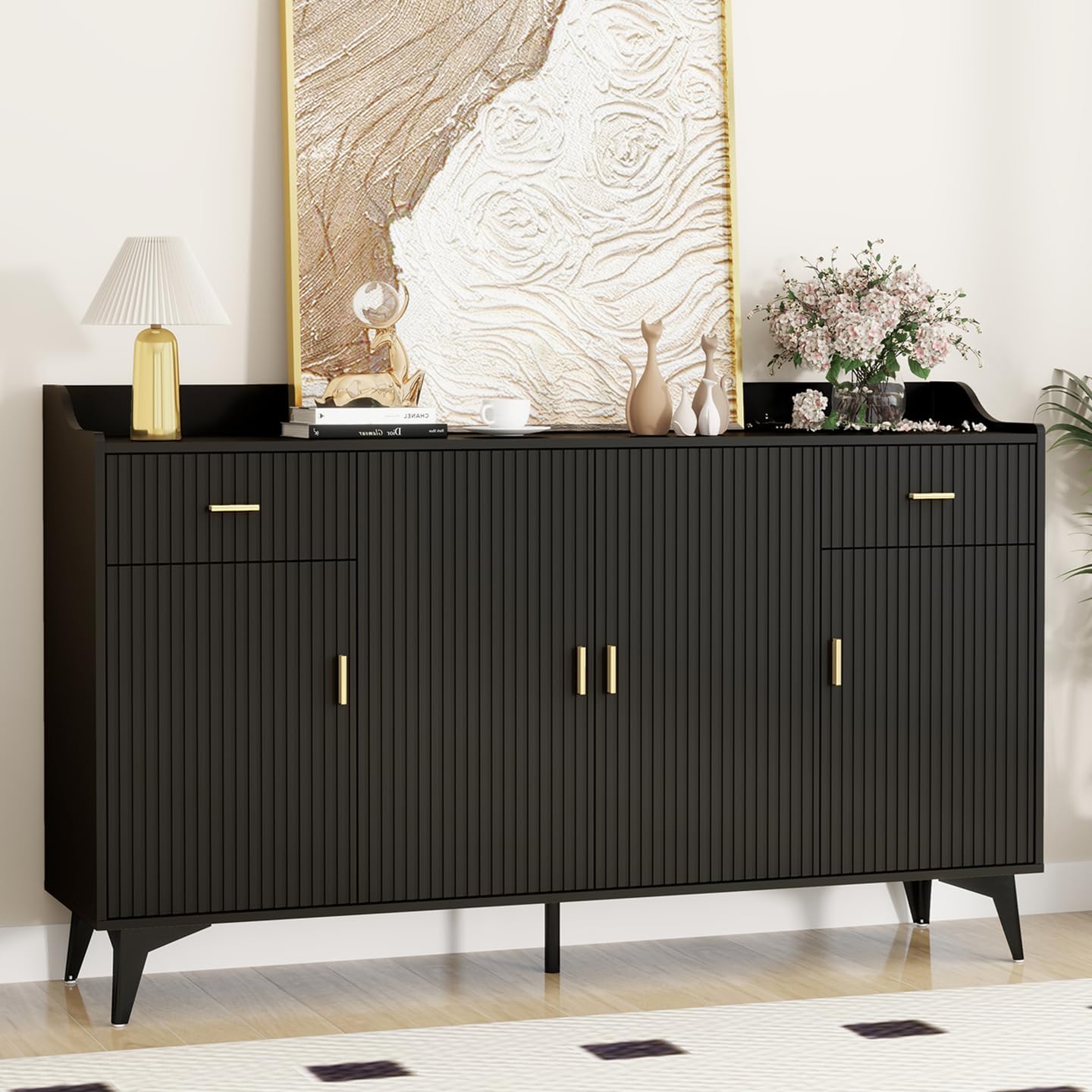 Wakefit Sideboard Buffet Cabinet with Storage, Fluted Doors & Drawer, Wood Farmhouse Credenza Coffee Bar Cabinet with Baffle Tabletop and Handles for Kitchen, Living Dining Room, Black