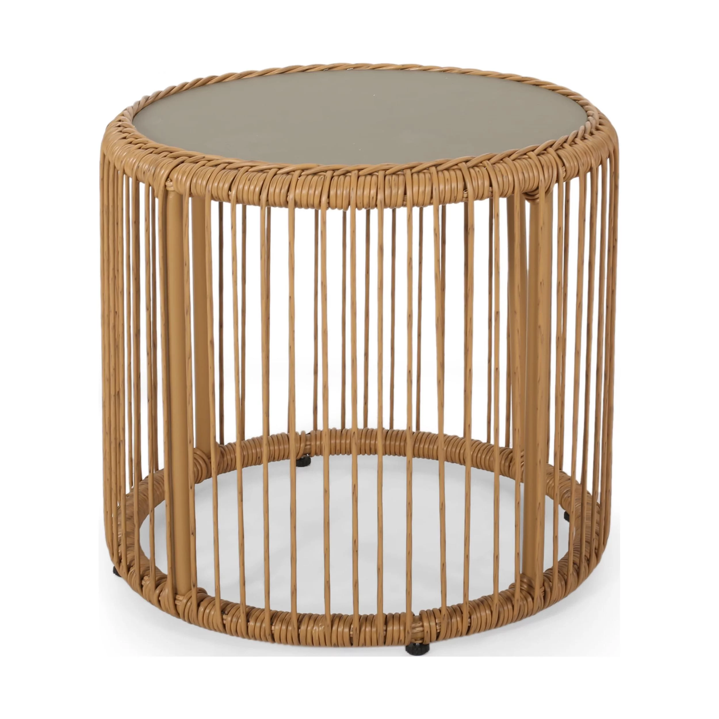 Noble House Pabrico Outdoor Tempered Glass Top Wicker Side Table in Light Brown