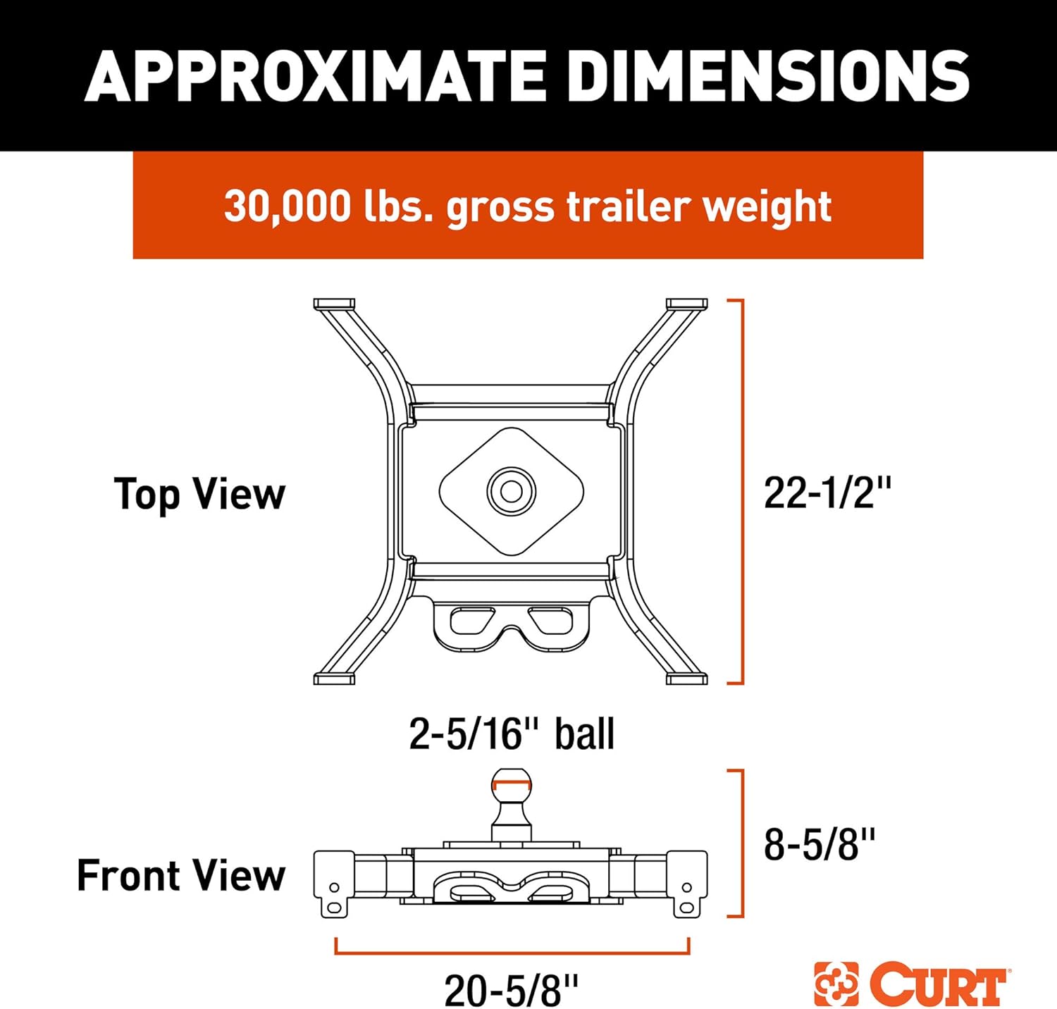CURT 16090 Spyder 5th Wheel to Gooseneck Adapter Hitch, Fits Industry-Standard Rails, 30,000 lbs, 2-5/16-Inch Ball