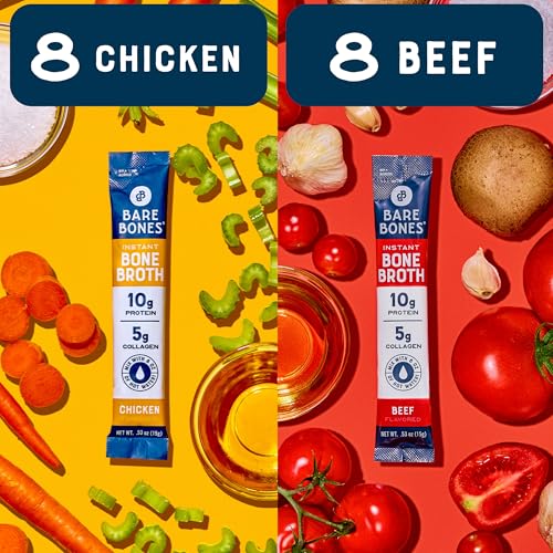 Bare Bones Bone Broth Instant Powdered Beverage Mix, Chicken & Beef, Variety Pack of 32, 16 Chicken & 16 Beef - 15g Sticks, 10g Protein, Keto & Paleo Friendly