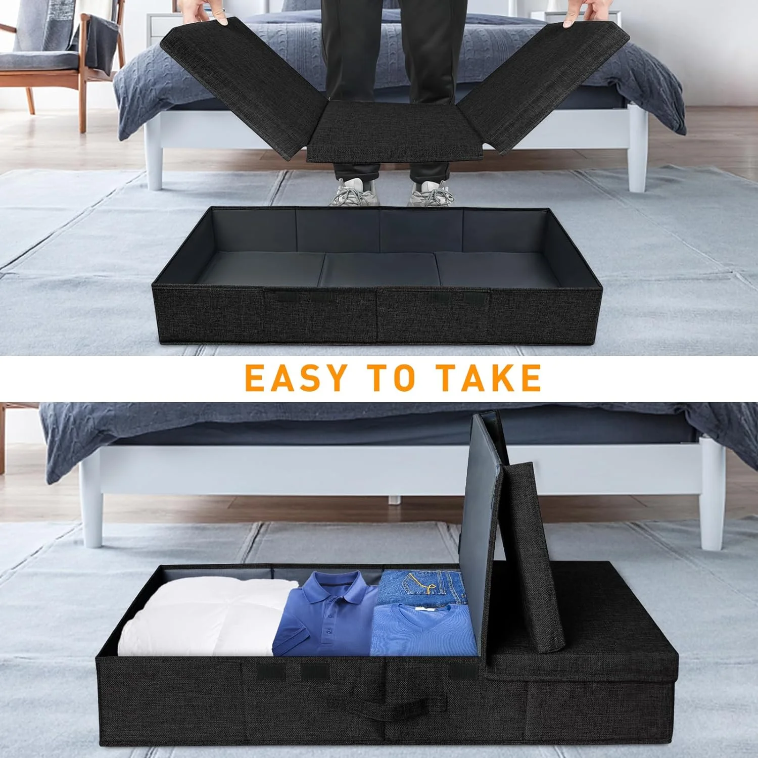 Under The Bed Storage Containers 3 Pack, 6 Inch Tall Stackable Underbed Storage Bins With Handles, Closet Organizers and Storage Bins, Large Under Clothes Drawer Organizers Box For Crib, Black