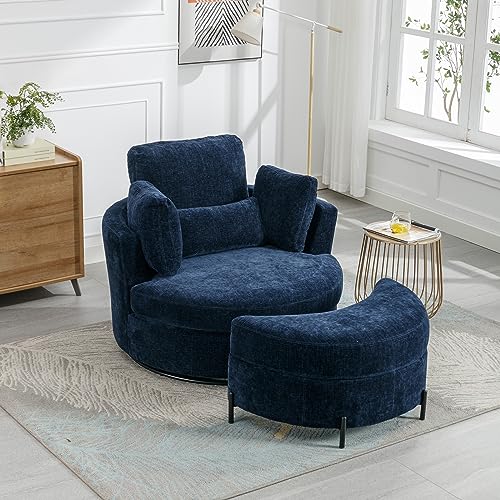 Oversized Swivel Accent Barrel Chair with Storage Ottoman+ 4 Pillow, Comfy Chaise Lounge Chair Big Round Reading Chair Cuddler Chair for Living Room Bedroom(Terracotta Chenille with Ottoman)