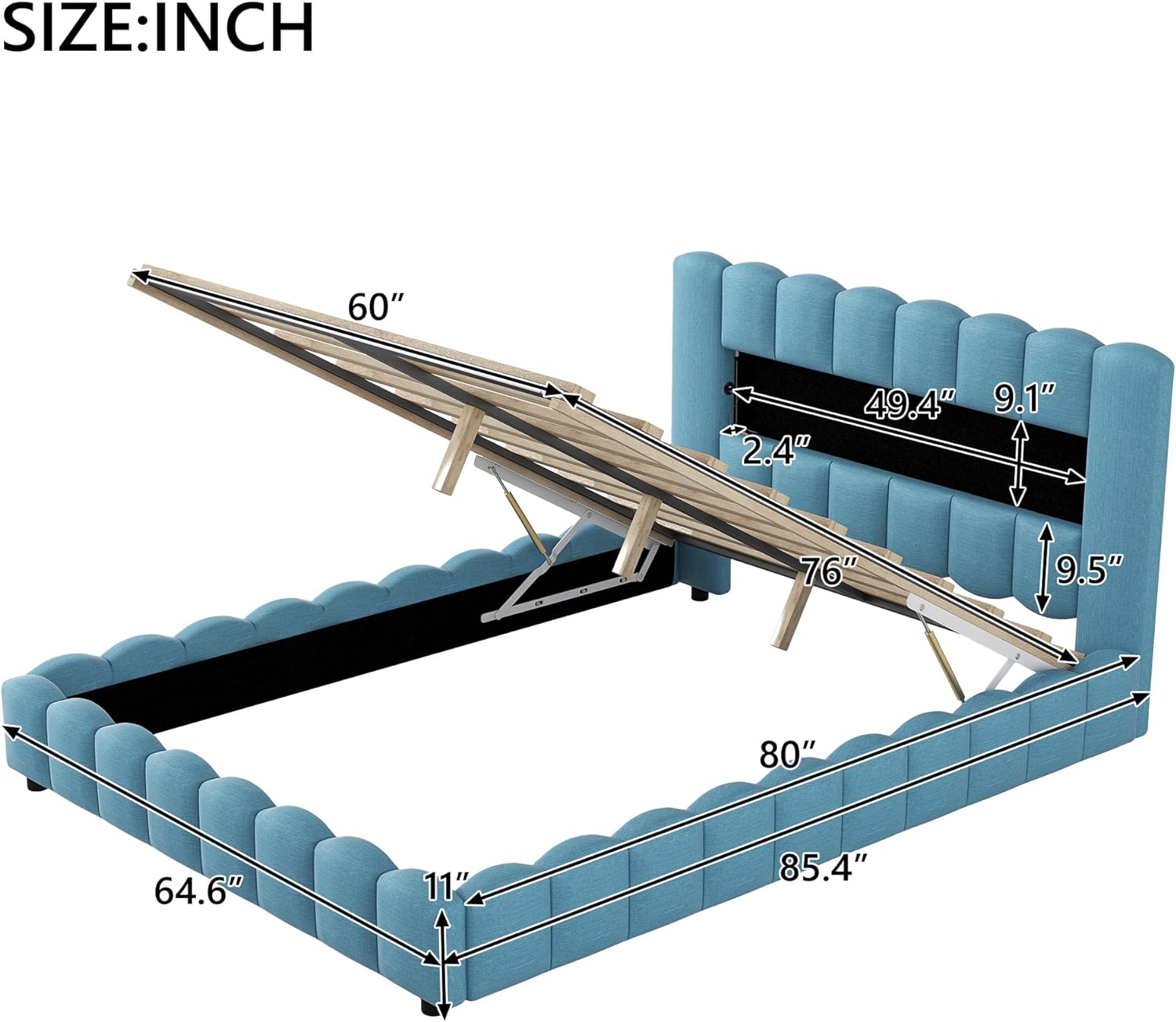 Quee Size Bed With Storage Udereath, Lift Up Storage Bed Frame With LED Headboard Ad USB, Upholstered Platform Bed, Mattress Foudatio, Wood Slat Support, o Box Sprig eeded, Lie Blue
