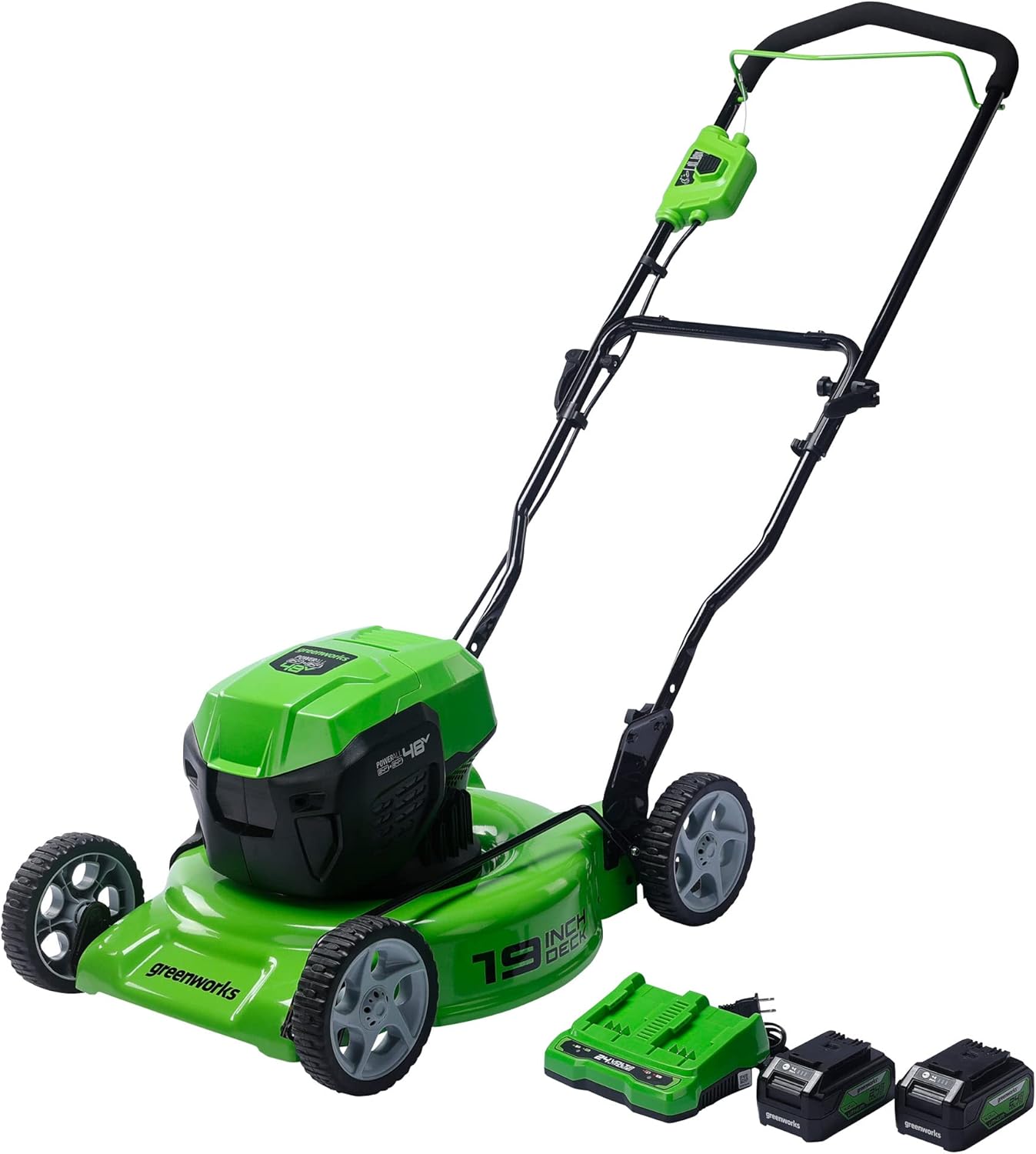 Greenworks 2 x 24V (48V) 19” Brushless Cordless Lawn Mower, (2) 4.0Ah Batteries and Dual Port Charger Included