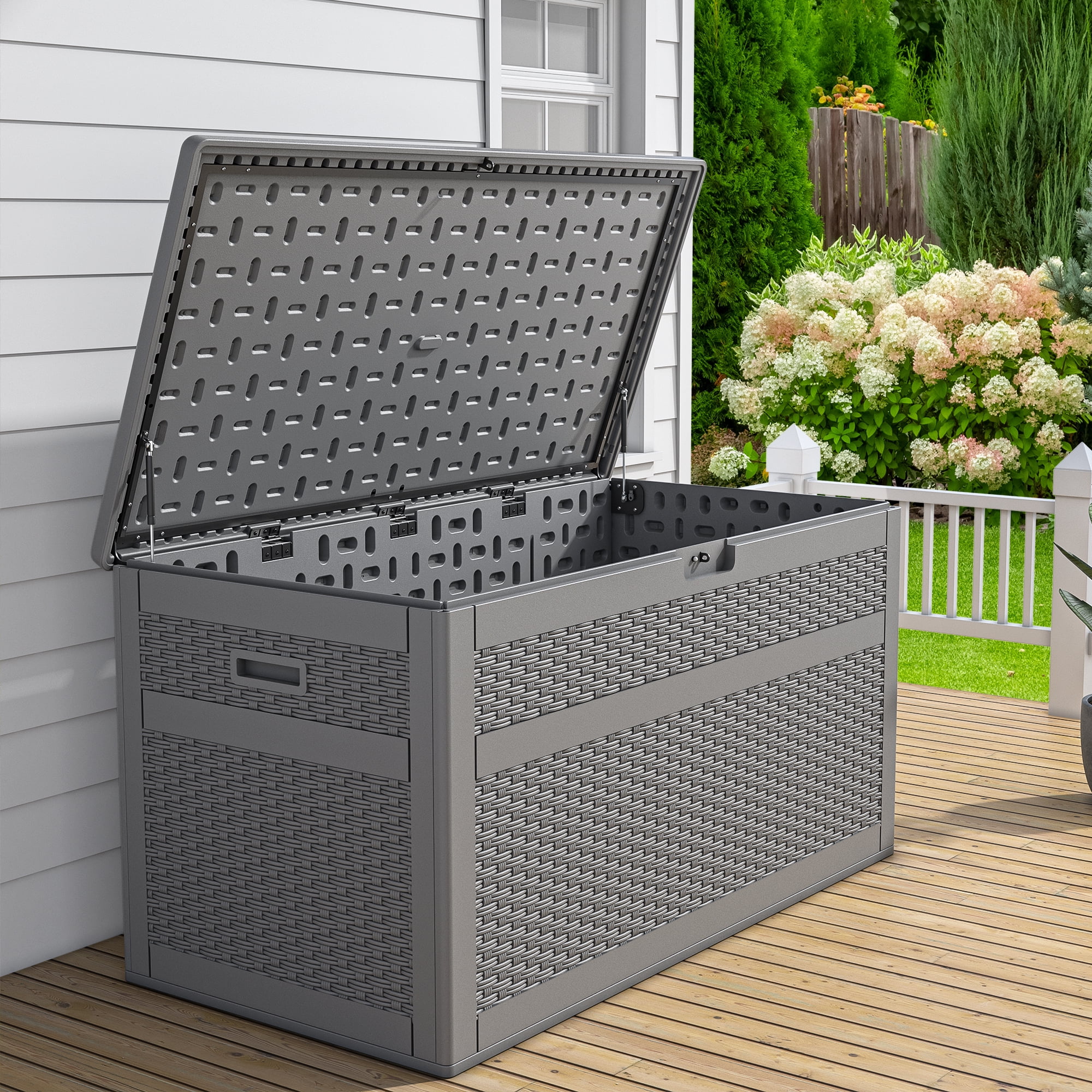 Dextrus 230 Gallon Resin Deck Box,Large Double-Wall Resin Rattan Outdoor Storage box for Patio Furniture, Garden Tools, Waterproof and Lockable,Grey