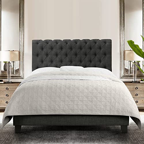 Rosevera Corrine Upholstered Bed Frame with Button Tufting Headboard/Adjustable Headboard/Rolled Head Headboard Bed Frame/Wood Slat Support/Easy Assembly,Twin,Natural