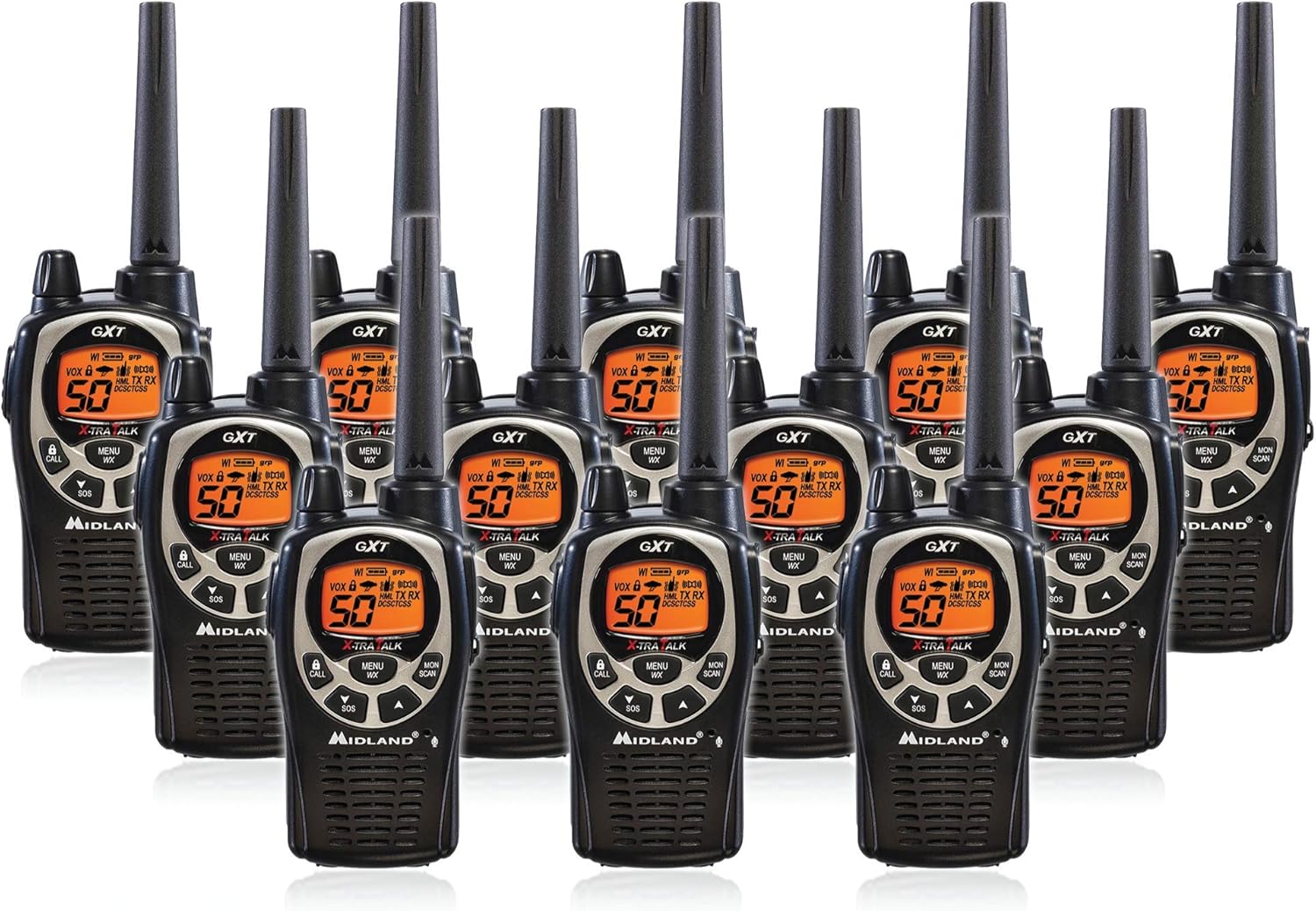 Midland GXT1000 GMRS Walkie Talkie - Long Range Two Way Radio with NOAA Weather Scan + Alert, 50 Channels, and 142 Privacy Codes (Black/Silver, 12 Radios)