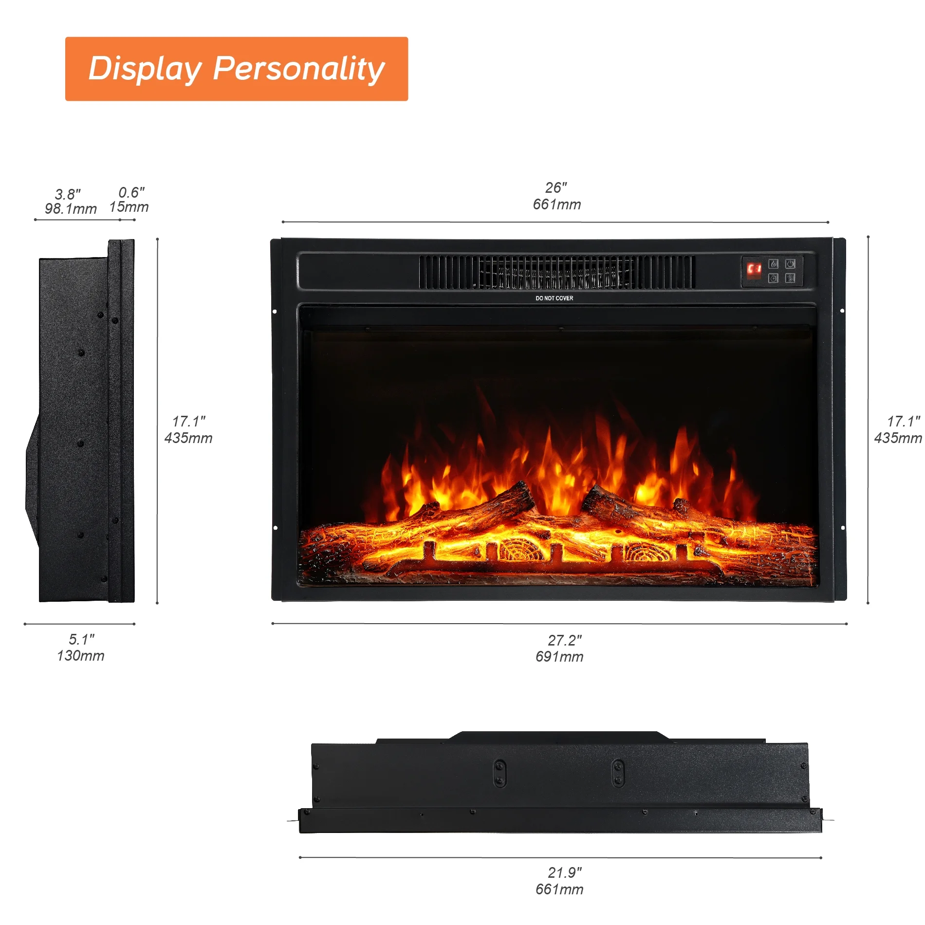 Electric Fireplace 28 inch, 1400W Fireplace Heater with Thermostat, Adjustable Flame Color and Brightness, Remote Control with Timer