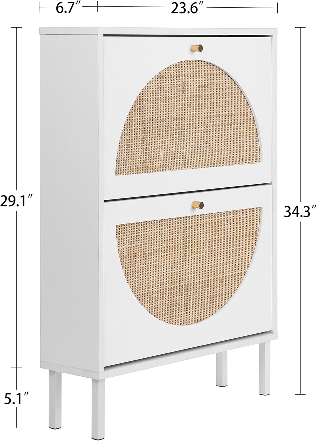 Rattan 2-Drawer Shoe Cabinet Modern Freestanding Shoe Rack Organizer Wooden Entryway Narrow Shoe Storage Cabinet w/Natural Rattan Flip Doors for Closet Hallway Small Space(1 Pack-White)