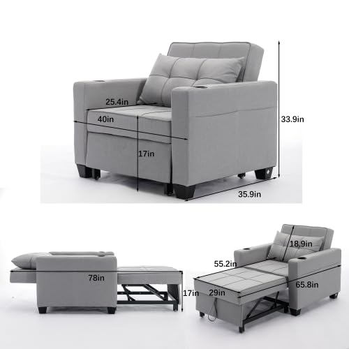 3-in-1 Sofa Bed Chair, Convertible Sleeper Chair Bed with 2 Cupholders & Adjust Backrest, Chaise Lounge Chair,Single Bed,Modern Chair Bed Sleeper for Living Room/Office/Small Apartment (Light Gray)