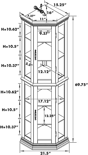 Corner Curio Cabinet with Lights, Lighted Display Cabinet with Glass Doors and Adjustable Shelves, 6-Tier Curio Showcase Floor Stand Collection Art Display Case for Living Room, Pantry (Cherry)