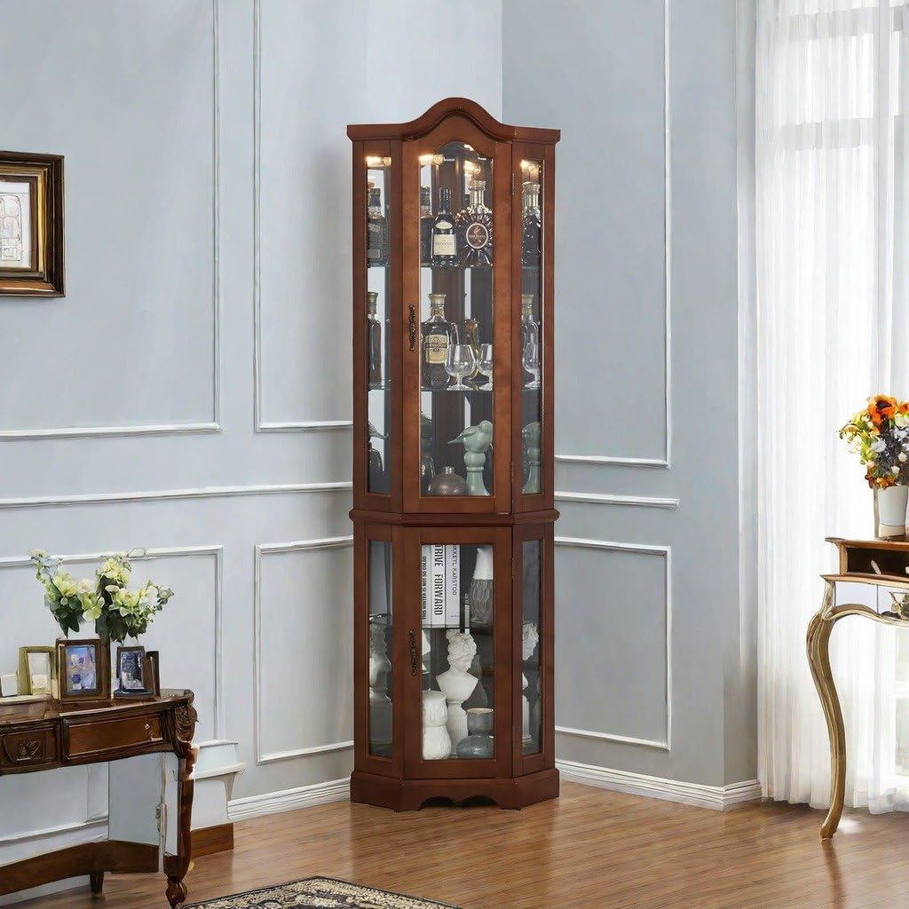 Elegant Walnut Corner Curio Cabinet, 70.25