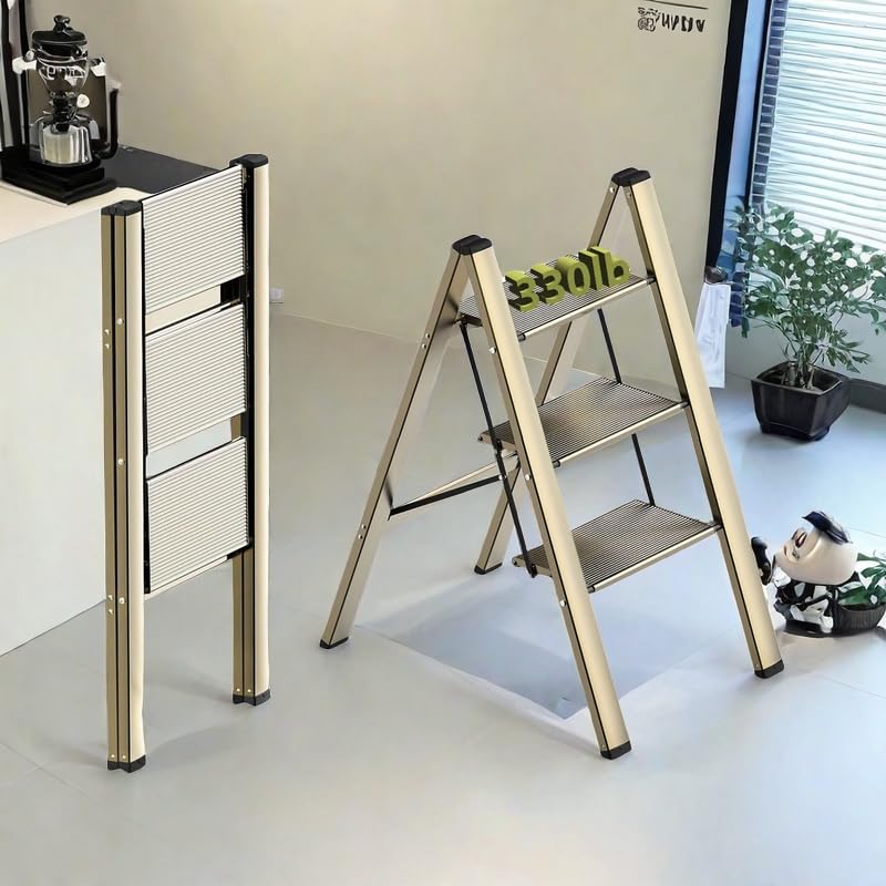 3 Step Ladder Aluminum Light Folding Step Bench Wide Non Slip Pedal 300 Lb Capacity Portable Ladder for Office Families, Kitchens, Bedrooms, High Shelves, Closets and Libraries (Champagne Gold)