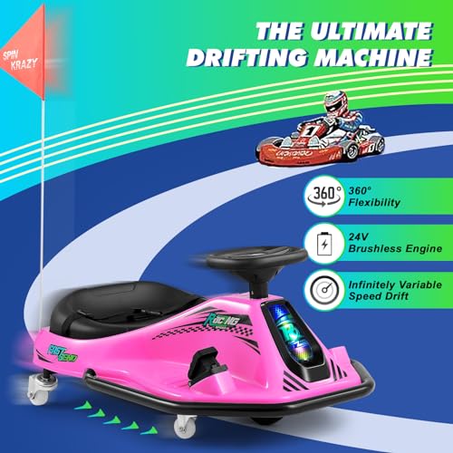 360 Degrees Rotating Ride On Drift Car and 2 Replacement Universal Wheels, 24V Electric Drifting Go Kart for Kids W/Brushless Motor, High/Low Speed, Flashing Lights, Flag, Music, Bluetooth, Pink