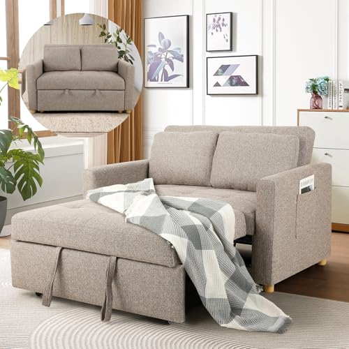SEJOV 3-in-1 Convertible Sofa Bed, Linen Fabric Sleeper Couch Pull Out Bed, 49