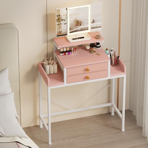 Vanity Desk with Mirror and Lights, 28.4''W Small Makeup Vanity Table with Height-Adjustable Stand, 2 Fabric Drawers Compact Makeup Desk, Gift for Girls, Bedroom Small Space, White
