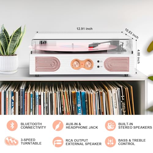 Vinyl Record Player with Built-in Speakers 3-Speed Vintage Record Player Support Treble& Bass Control, 3.5mm Headphone Jack, RCA-Out/Aux in, Belt-Driven LP Turntable,White Rose Gold