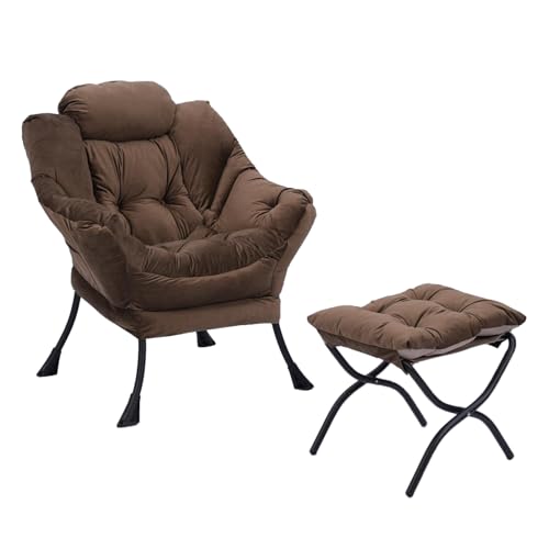 Lazy Chair with Ottoman, Accent Comfy Lounge Arm Chair and Folding Footrest Stool Set, Steel Frame Leisure Sofa Chair and Metal Cotton Anti-Slip Footstool, Green