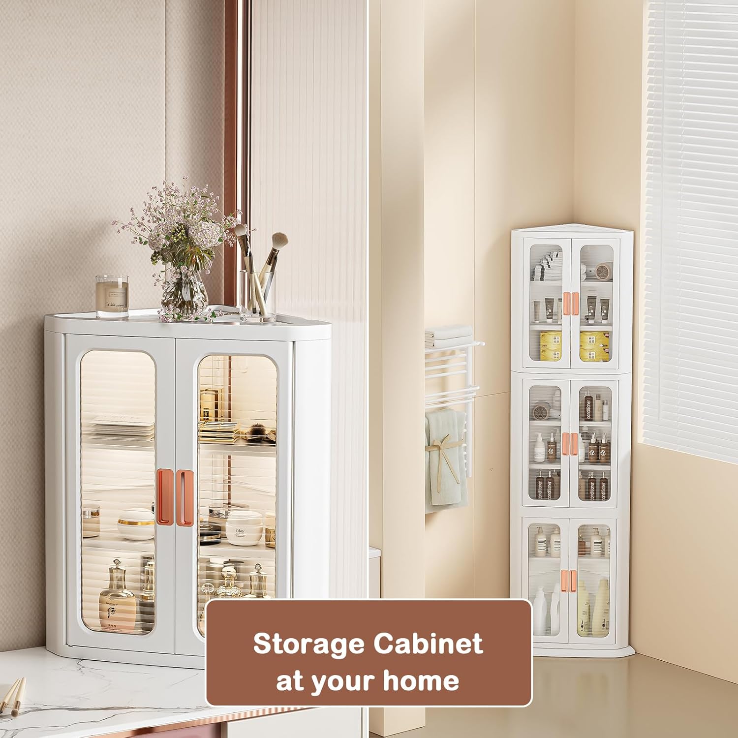 22 Inch Corner Cabinet, Side Free Standing Storage Organizer with Shelves and Doors on Table/Desk, Corner Storage Cabinet for Bathroom, Makeup Room, Kitchen (1-Tier)