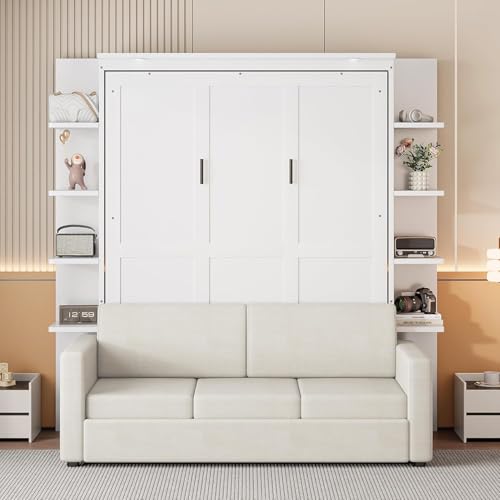 Queen Murphy Bed with Couch and Storage Shelves,Wood Murphy Bed Cabinet with Storage Shelves and Sofa,Folding Murphy Wall Bed Queen Size (Grey)
