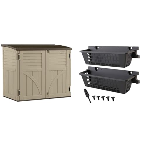Suncast Horizontal Shed, Compact Outdoor Storage System, 34 Cu. Ft. Capacity, Sand & Slate - Lockable Multi-Wall Resin Organizer for Garbage Cans, Garden Tools, Bins, Bikes and Yard Equipment