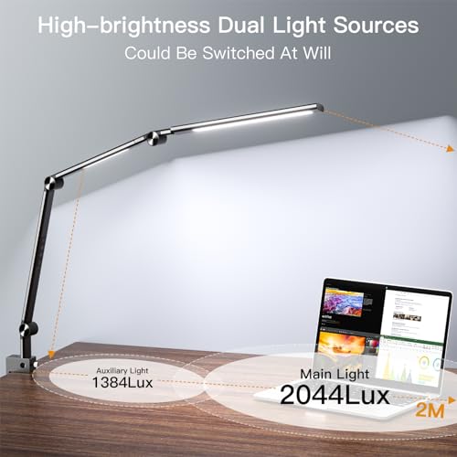 LED Desk Lamp, Desk Light for Home Office, Dual Light Source, Eye-Caring Optical Lens, 5 Color Modes & Brightness, 18W Brightest, Swing Arm Office Lamp, Puzzle Light, Clamp Lamp, Black