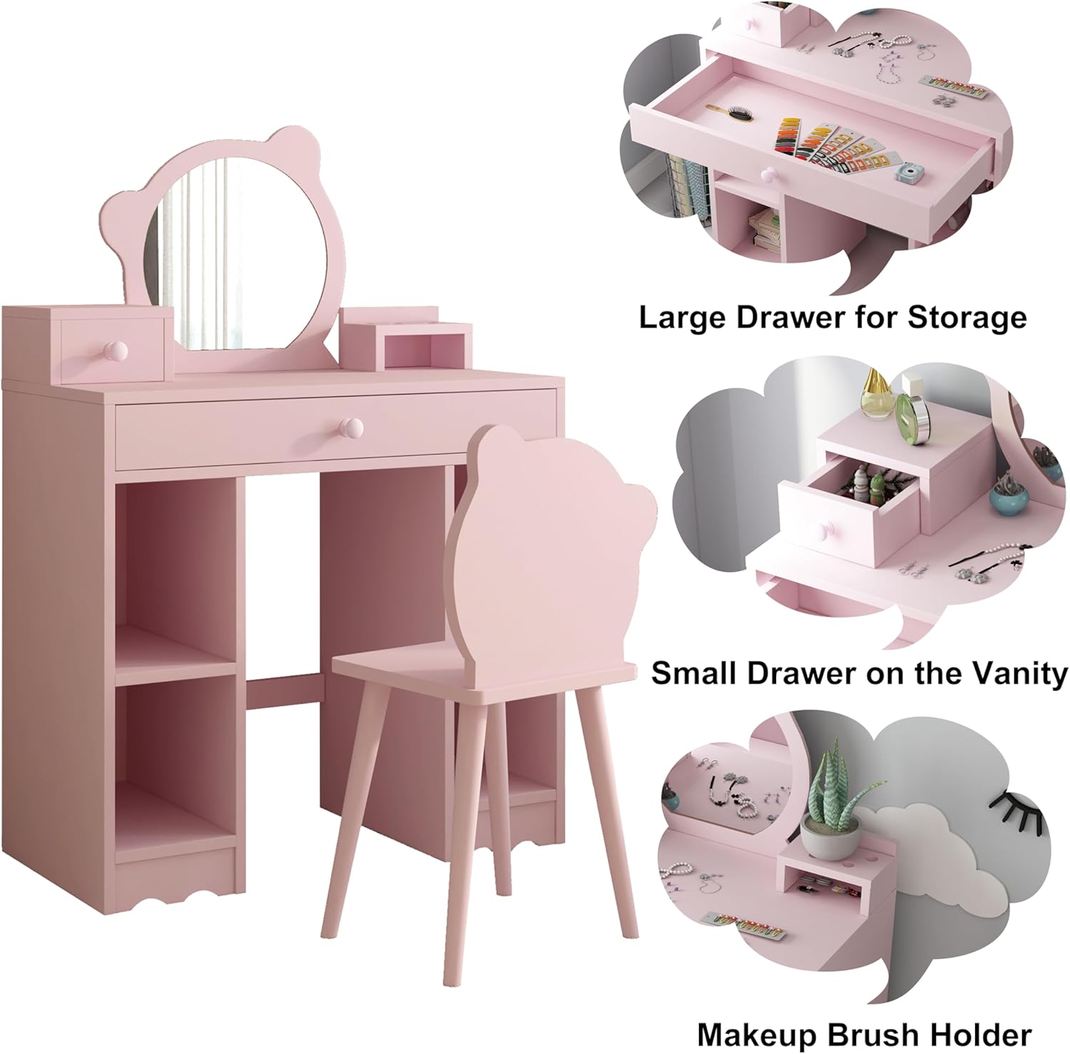 Kids Vanity Set, Girls Vanity Set with Mirror & Stool, Large Storage Shelf, Wooden Princess Makeup Dressing Table, Pretend Play Vanity Table Chair Set, Pink
