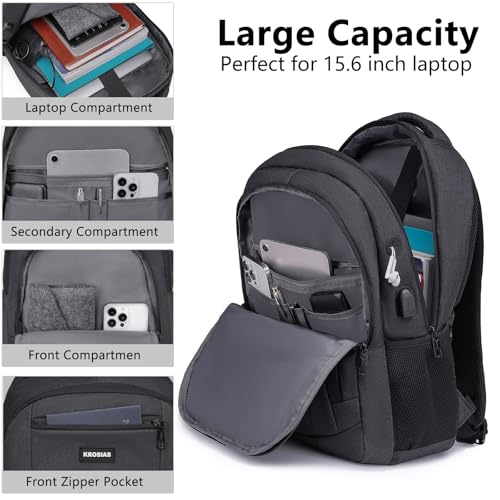 Backpack for Men and Women, School Backpacks for Teens Boys, 15.6 inch Computer Laptop Bag Waterproof College Back Pack with Charger for Work Business Travel (Black)