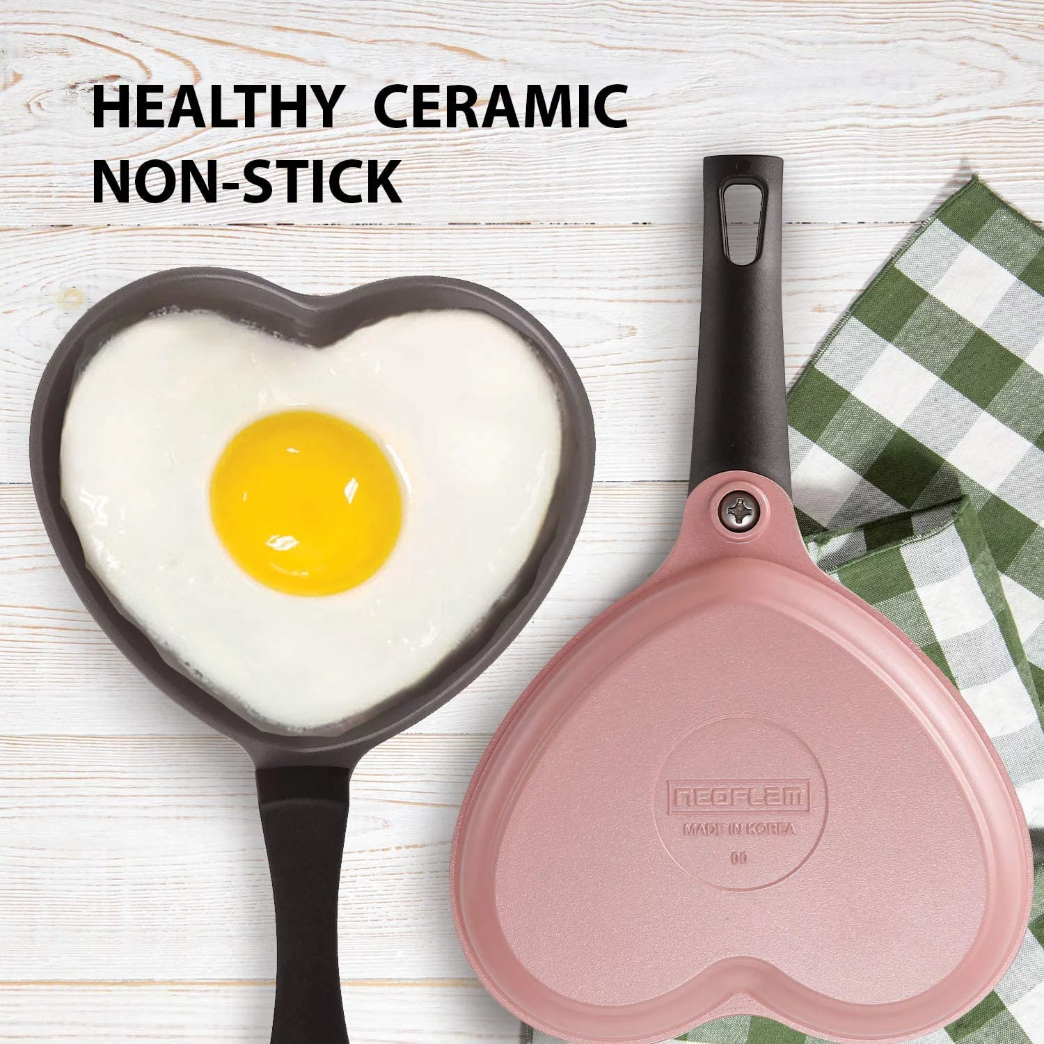 Neoflam Ceramic Nonstick Heart-Shaped Egg Pan Set, Lightweight cast aluminum body ( Pink & Red )