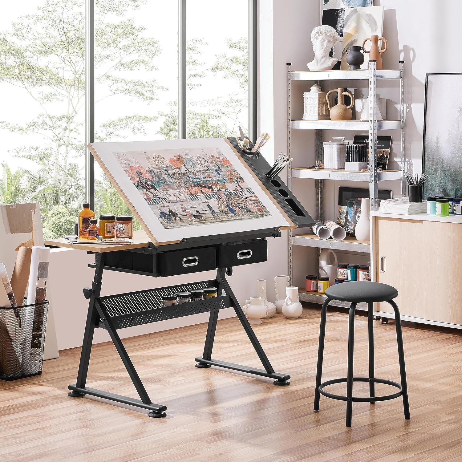 Height Adjustable Drafting Table Drawing Table Artist Desk Tilting Tabletop Art Craft Desk Watercolor Paintings Sketching Work Station Storage Drawers and Stool