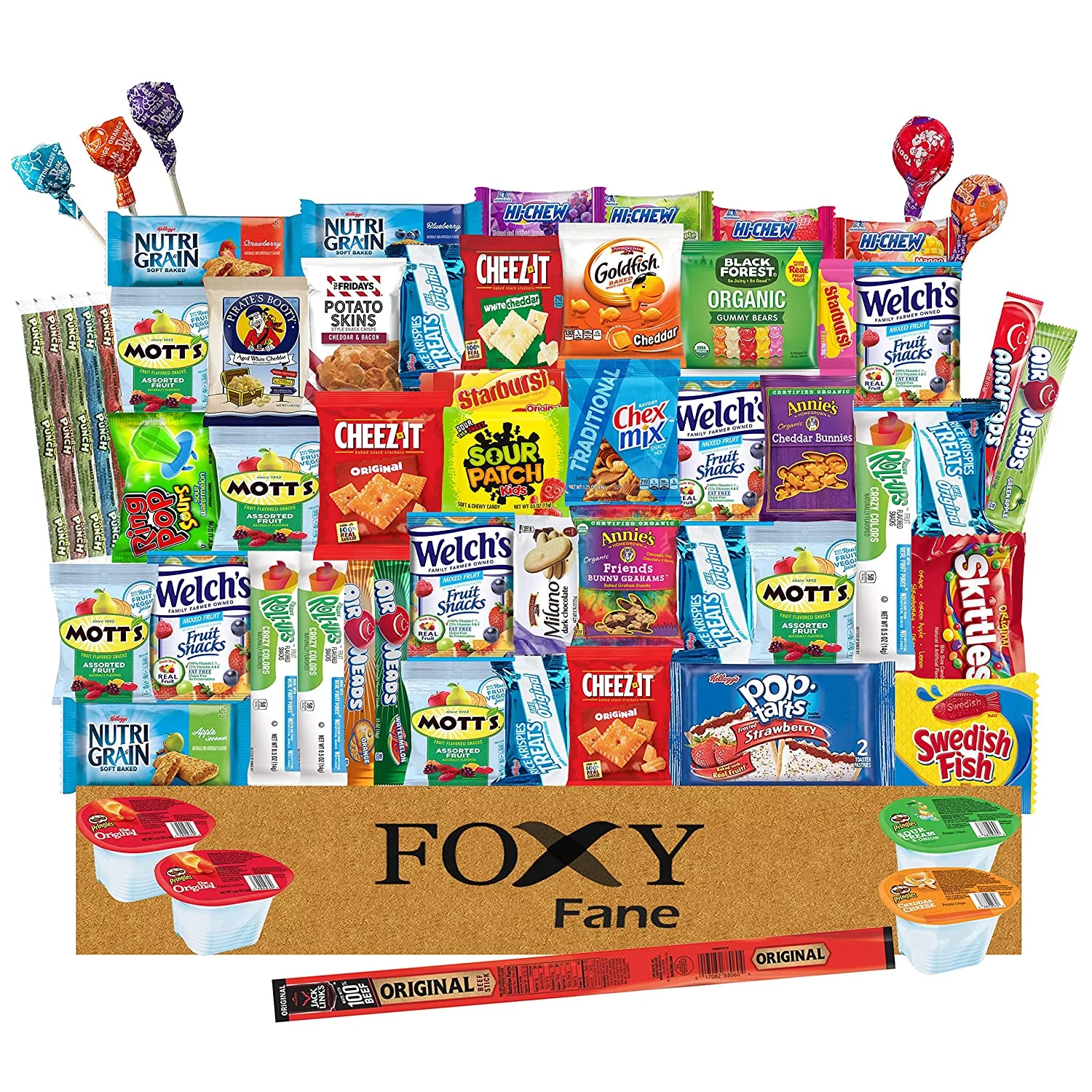 Foxy Fane 60 count Ultimate Gift Snack Box - Care Package with Variety Assortment of Chips, Cookies, Candy, Crackers & other Snacks - Bulk Bundle of Delicious Treats (60 Snacks - Assorted Pack)