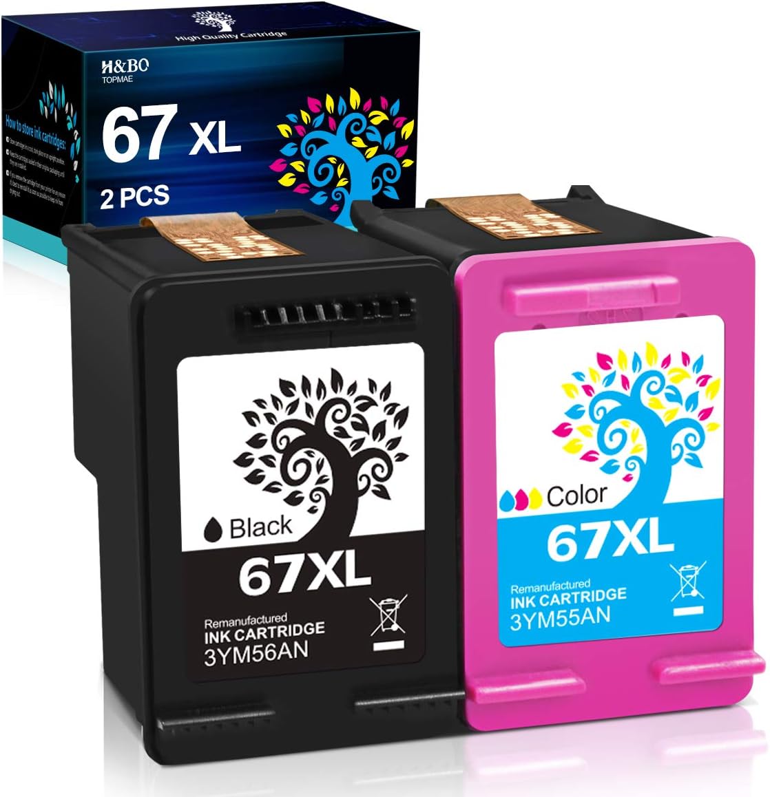 H&BO TOPMAE Remanufactured Ink Cartridge Replacement for HP 67 67XL Combo Pack for Envy Pro 6055 6455e 6055e 6452 6052 6075 6455 DeskJet 2755e 2752 4152 4155e Printer(1 Black 1 Tri-Color) Pack of 2