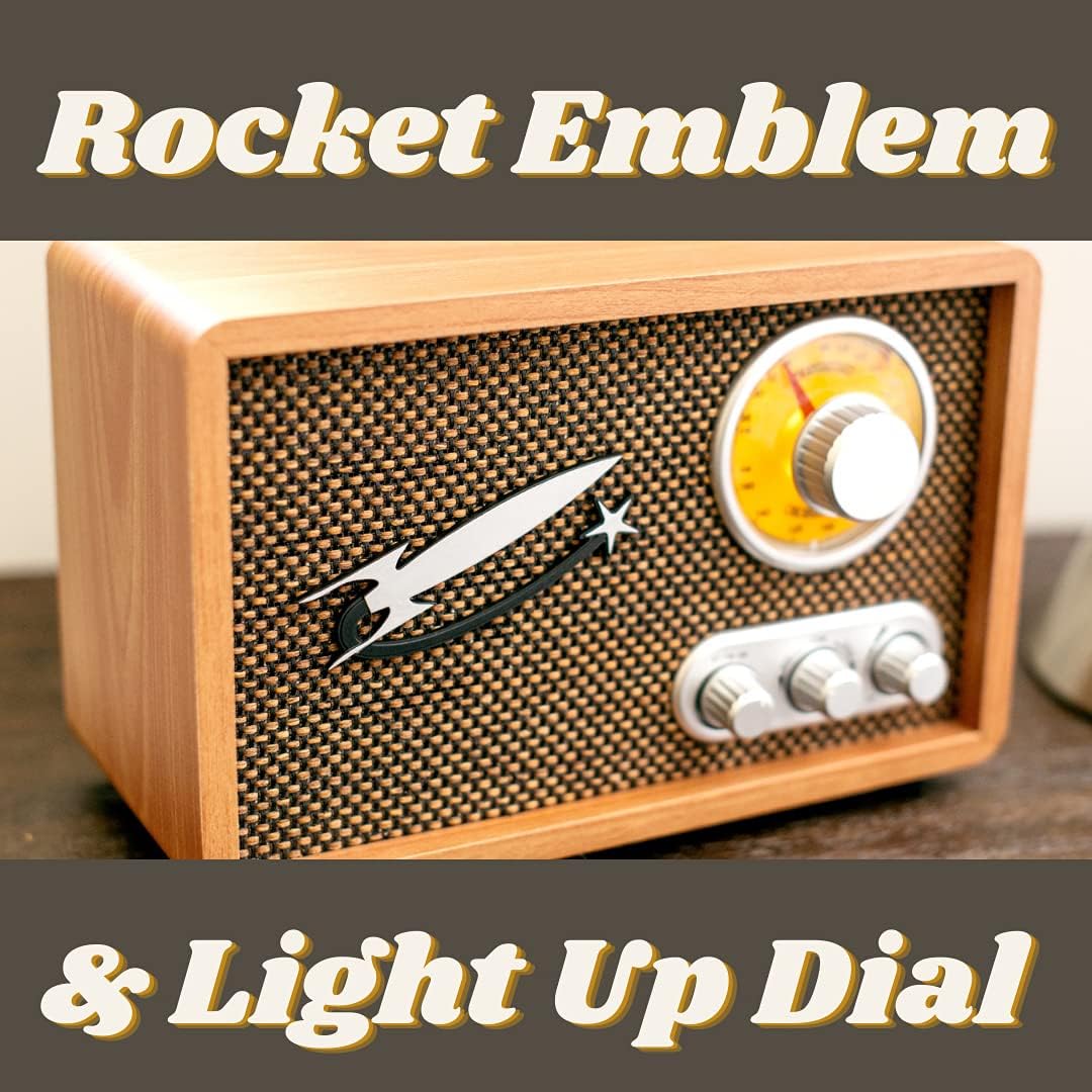 Rocket Retro Radio AM FM with Bluetooth, Vintage Wood Radio for Kitchen, Office, Garage, Camper