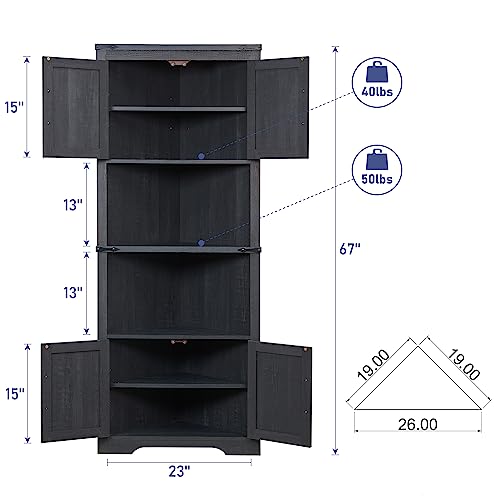 JXQTLINGMU Farmhouse Corner Cabinet, Tall Corner Bathroom Storage Cabinet with Barn Door Design & Adjustable Shelves, for Laundry Room, Living Room, kitchen,(Black)