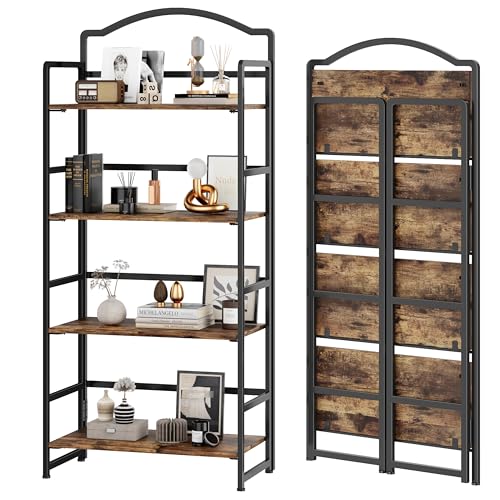 JSB No Assembly Folding Bookshelf, 5 Tier Book Shelf for Storage, Vintage Wood Foldable Bookcase for Living Room, Bedroom, Office Organization Shelves