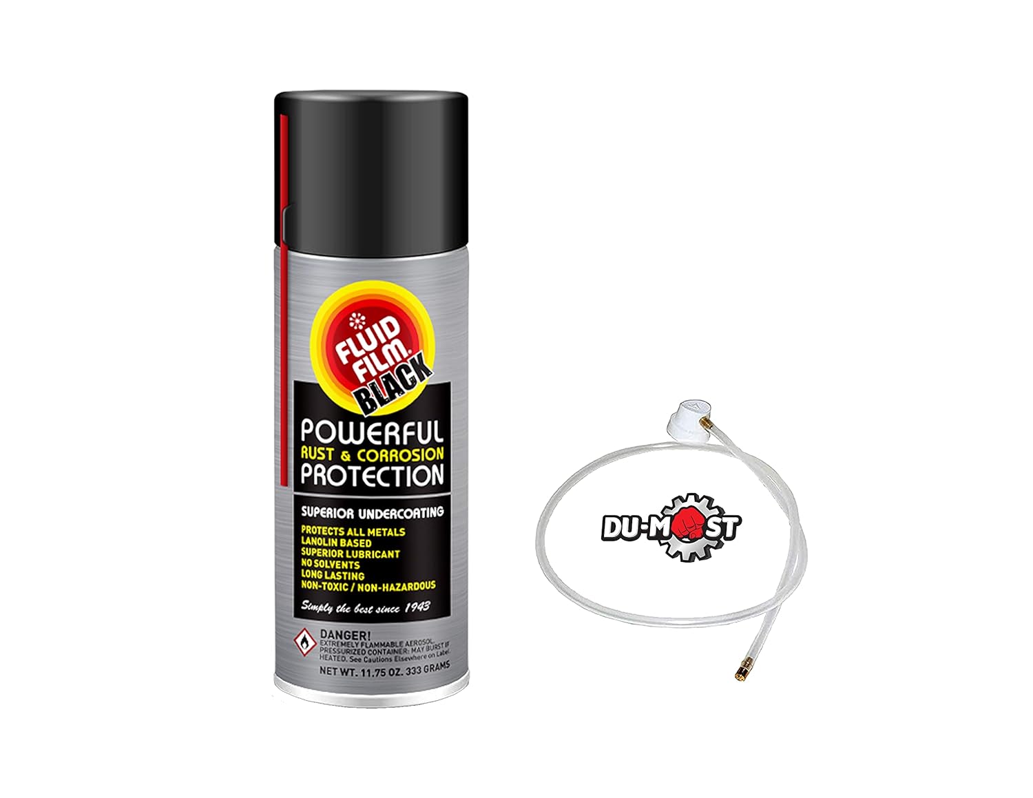 Fluid Film BLACK (12 Aerosol Cans) with DU-MOST 2' Extension Hose & Nozzle, Long Lasting Corrosion Prevention, Penetrant & Lubricant, Marine, Automotive & Snow-Handling Vehicles Undercoating, 11.75 Oz