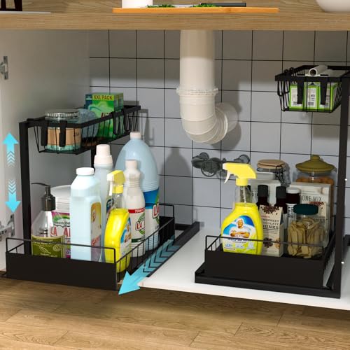 Bukfen Under Sink Organizer,Height Adjustable Pull Out Cabinet Organizer 2-Tier Slide Out Sliding Shelf Under Cabinet Storage Multi-Use for Under Kitchen Bathroom Sink Organizers and Storage,2 Pack