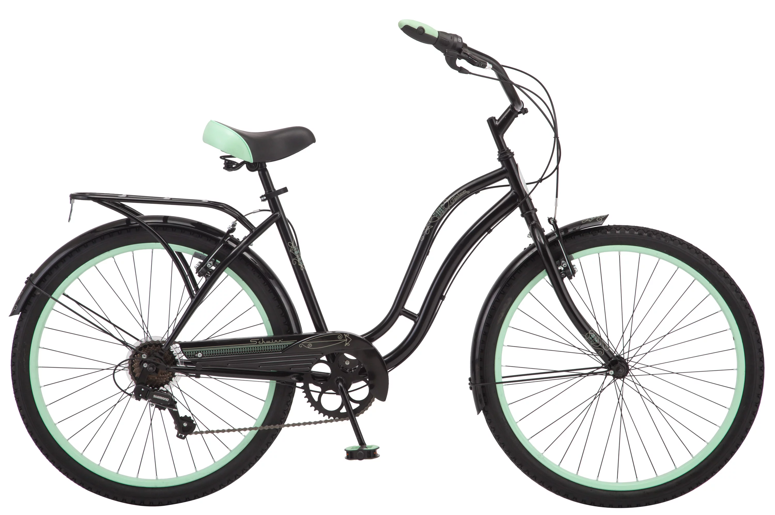 Schwinn Fairhaven Cruiser Bike, 26-inch wheels, 7 speeds, womens frame, Black / Green